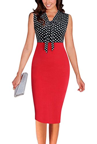 LECHEERS Women Sleeveless Bodycon Elegant Formal Business Pencil Dress Red M