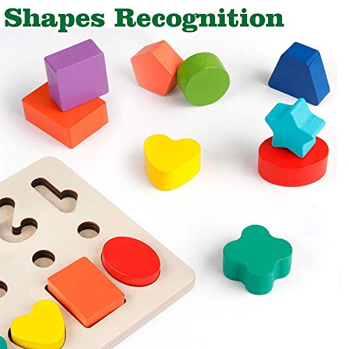 Montessori Wood Blocks Puzzle Board Set for Toddler Preschool Kids, Learning & Educational Toys for Number Counting, Colors Stacking, Shape Sorting, Early Education Toy