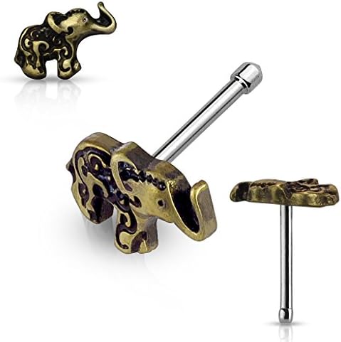 (1 piece) Bone Nose Stud ELEPHANT Top Surgical Steel 20g (antique gold)
