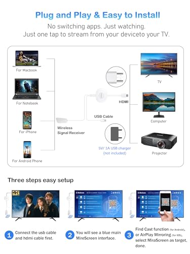AT-Mizhi HDMI Dongle Wireless HD TV Adapter, Wireless Smart Media Player Streaming, WiFi Display Screen Casting for Miracast/Airplay/i-OS/Android/Windows/Mac OS/DLNA to Monitor Projector