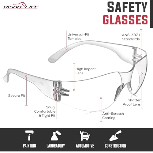 BISON LIFE Clear Safety Glasses, ANSI Z87.1 Certified Eyewear Men & Women.