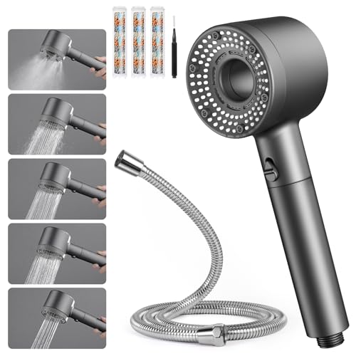 Blendura Shower Head with Hose 1.5 m, Hand Shower with 3 Filters, Anti-Limescale Function, 5 Jet Types, Shower Head, Water-Saving