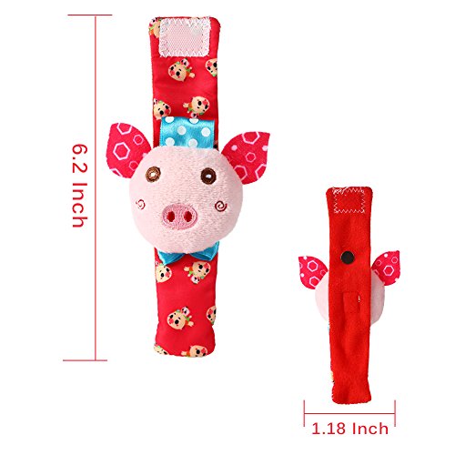 Acekid Baby Foot Rattle,4pcs Wrist Rattle and Socks Toys Set Toddler Soft Animal Toys Pig and Dog