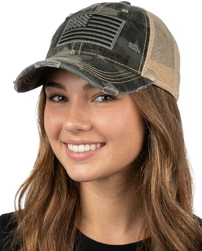 NEW SMALL TOWN SOCIETY women\'s americana usa embroidered distressed hat in camo Amazon.com: Funky Junque Distressed Baseball Cap for Women  main image 2