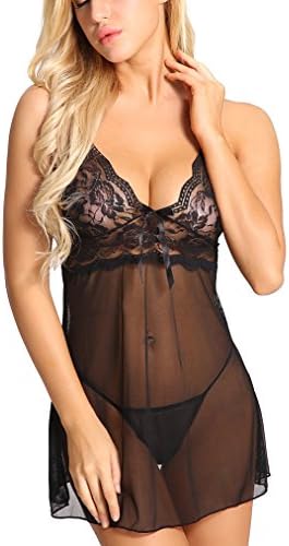 SkinnyKissy Women Babydoll Chemise,Sexy Strap Sleepwear Sets,Luxury Ultra Soft Lace,Halter Lingerie for Ladies
