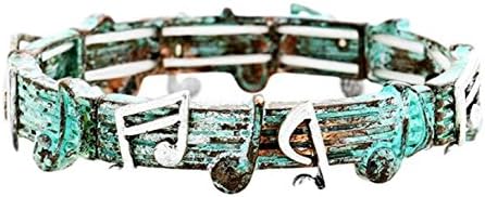 Music Note Bracelet D6 Stretch Bangle Staff Silver Burnished Patina Verdigris