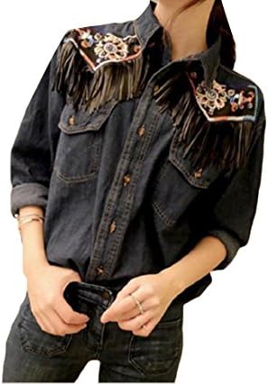 Godeyes Women Cowboy Pocketed Embroidery Tassel Vintage Blouses Tee Shirts Dark Blue XS