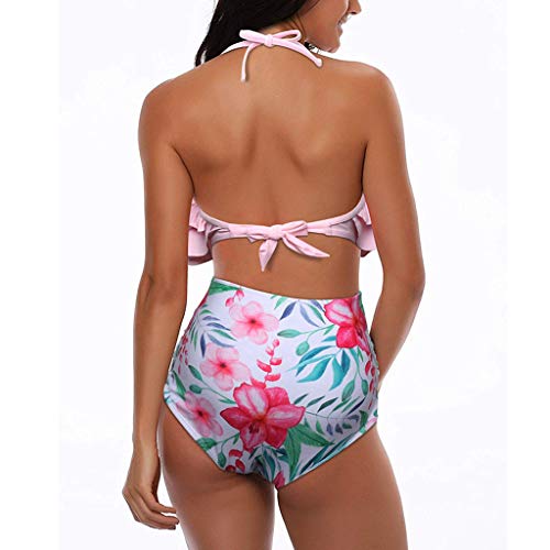 iYBUIA Sexy Leaf Print Twist Front High Wasit Bikini Set 2 Piece Bra Beach Swimsuit Pink