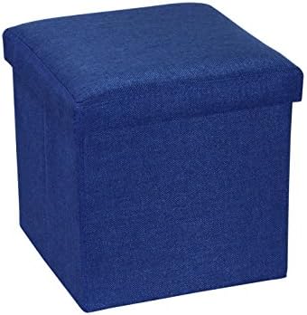 OT01 Linen Folding Storage Ottoman Cube Footrest Seat, 12 X 12 X 12 Inches (Linen Blue)