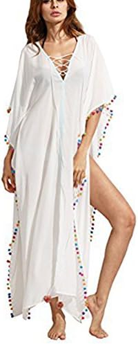 Beach Cover Ups For Swimwear Women - Bohemia Deep V neck Swimsuit Cover-Ups With Tassel Bikinis Bathing Suit Cover Up Dress (L)