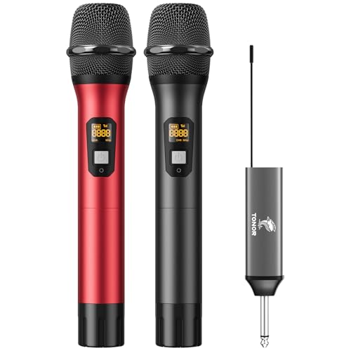 TONOR Drahtloses Mikrofon, UHF Dual Kabelloses Metall Dynamisches Mikro System mit wiederaufladbarem Empfänger, für Karaoke, Hochzeit, DJ, Party, Rede