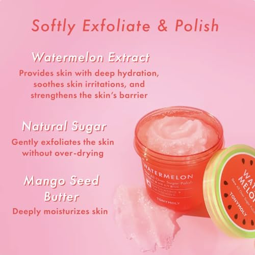 TONYMOLY WATERMELON DEW ALL OVER BODY SUGAR POLISH, HYDRATING SERUM FOR GLOWING SKIN, KOREAN SKINCARE, WATERMELON EXTRACT, ALOE LEAF EXTRACT, & CENTELLA ASIATICA, ALL SKIN TYPES, 10 OZ