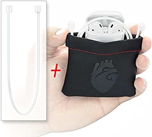 AirPods Travel Case + WHITE Tether Earbuds Strap COMBO by ZLS • Easy-to-Open Tension Collar Protective Carrying Pouch &amp; Anti-lost Silicone Security Earphones Leash Accessory for Apple iPhone7 + 8 + X