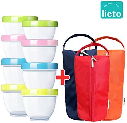 lieto Baby Food Storage Freezer Containers BPA-Free Airtight Small Plastic Set of 8 - 5 Ounce, 6.7 Ounce, 10.1 Ounce , Plus Thermo bags (5 oz)
