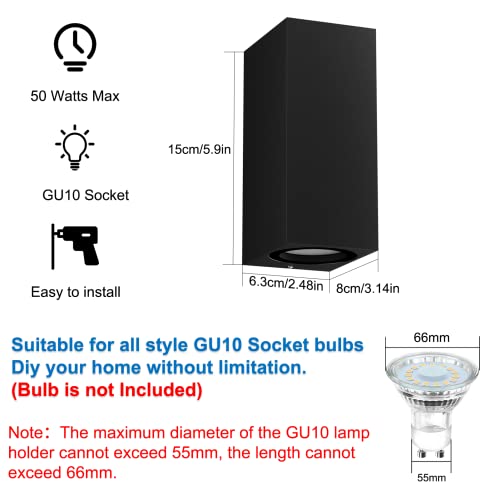 Klighten 2 Pieces Square Wall Lamp Outdoor/Indoor, IP65 Waterproof Black Outdoor Wall Sconce, GU10 Modern Aluminium Wall Light for Gardens, Hallway Terrace, Bulb Not Included