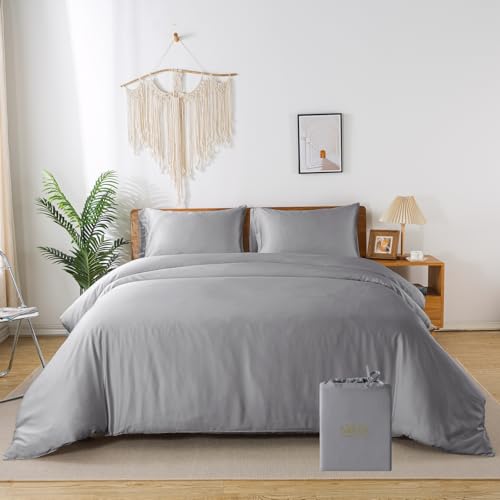 bienDo Duvet Cover Set 240 x 220 cm, Bamboo (400 Thread Count) for 150/160 Bed, Vegan Silk, Ultra Soft and Cooling, Breathable-Grey