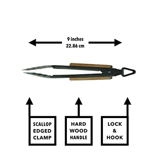 GrillHogs Luxury Barbecue Grill Tongs 9 inch, Oak and Stainless Steel