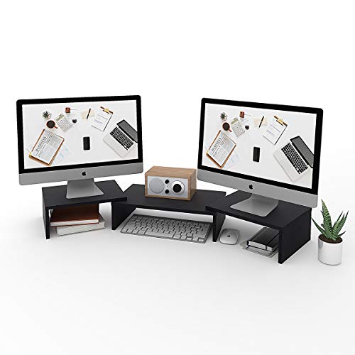 DEVAISE Dual Monitor Stand Riser with Adjustable Length, 3 Shelf Multifunctional Desktop Storage Organizer