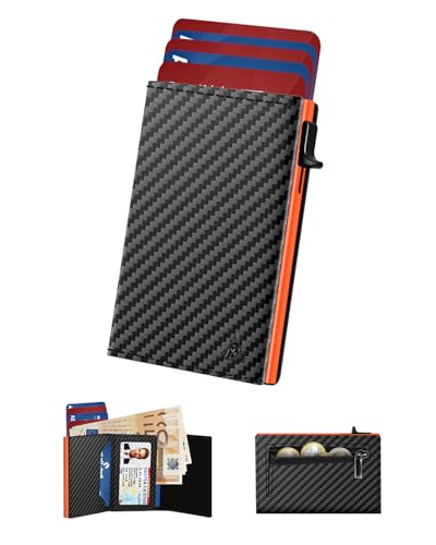 Small Man Credit Card Holder, Slim Men's Wallet with Magnetic Closure and ID Window, Pop-up Leather Card Holder for 11 Cards, Card Holder with Coin and Banknotes, Black and Orange