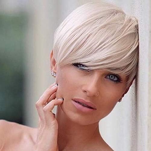 Emmor Short Human Hair Wigs for Women White Pixie Cut Wig With Bang