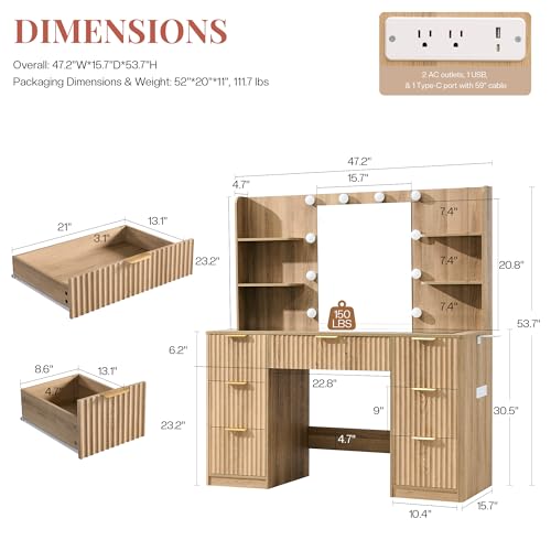 Jocisland 47.2" Fluted Vanity Desk with Mirror and Adjustable LED Lights, Large 7 Drawers Makeup Table with Glass Top and Charging Station for Women and Girls, Bedroom or Dorm, Natural Oak