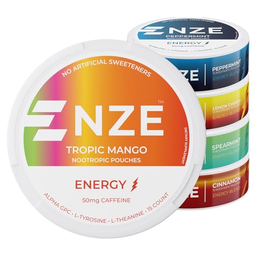 NZE Caffeine Nootropic Pouches (Variety Pack) - Energy Pouches with 50mg Caffeine, Alpha GPC, L-Tyrosine & L-Theanine with No Sugar or Artificial Sweeteners - 15 Pouches Per Can - 5 Pack