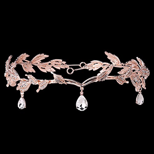 BABEYOND Women Wedding Bridal Bridesmaid Beaded Forehead Band Dangle Rhinestone Austrian Crystal Headband Headpiece with Gift Box (Gold)