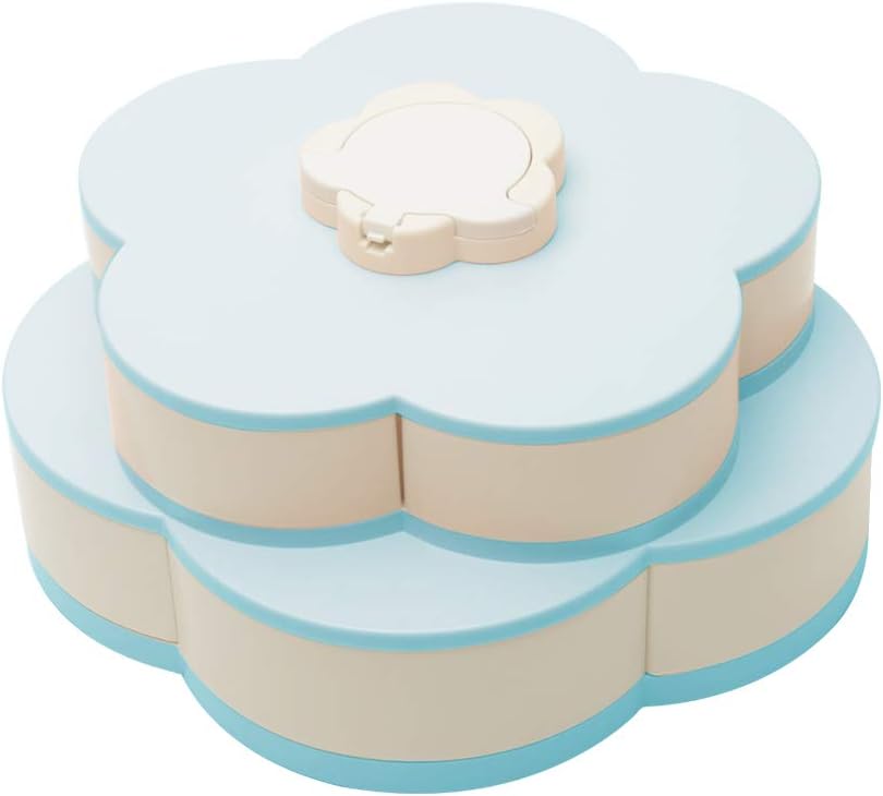 Rotating Snack Serving Tray, ?Double-Deck ?Petal-Shaped Snack Platter? 10 Sectional Divided Candy Containers with Phone Holder?? for Nut Candy Dried Fruit Food Storage Organizer (Blue)