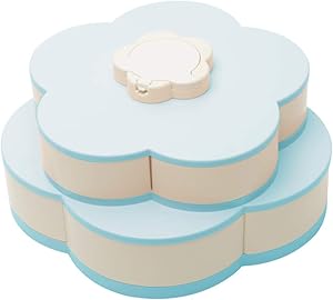 Rotating Snack Serving Tray, ?Double-Deck ?Petal-Shaped Snack Platter? 10 Sectional Divided Candy Containers with Phone Holder?? for Nut Candy Dried Fruit Food Storage Organizer (Blue)