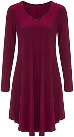 Womens Dress Casual Loose T-Shirt Dress Autumn-Winter Long Sleeve Dress Silky Skirt by Carolier Red S