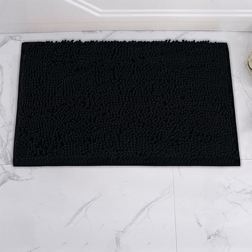 AINAHYVA Bathroom Rugs Chenille Bath mat, Super Absorbent, Strong PVC Non Slip Backing, Bath mats for Bathroom,Plush Shaggy,Thick, Machine Washable,Bathtub, Shower, Toilet,(Black,16"×24")