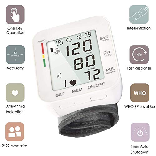 Blood Pressure Monitor Fully Automatic Accurate Wrist Blood Pressure Monitor 180 Reading Memory with Large LCD Display&Adjustable Cuff for Home Use