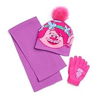 Accessory Innovations Girls Dreamworks Trolls Poppy Beanie Winter Hat, Scarf & Gloves Set, Purple Pink, One Size Fits Most