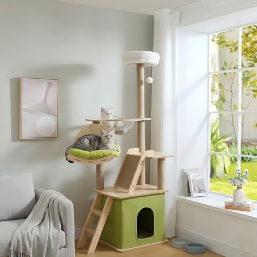 Cat Tree Top 150 cm with 1 Space Capsule, 1 Cat House, 1 Cat Scratching Board, 1 Cat Hammock, 1 Plush Jumping Platform, 1 Toy Ball, 1 Green Cushion (Green)