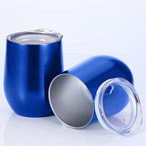 Skylety 12 oz Double-insulated Stemless Glass, Stainless Steel Tumbler Cup with Lids for Wine, Coffee, Drinks, Champagne, Cocktails, 2 Sets (Transparent Blue)