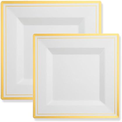 Posh Party Supplies | Looks Real Square White with Gold Trim Plate Combo for 20 Guests
