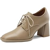 TinaCus Handmade Women's Genine Leather Front Lace Up Square Toe Mid Block Heel Oxford Pumps Shoes
