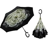 ALINK Inverted Umbrella, Reverse Folding Double Layer Inside Out Outdoor Rain Away Car Umbrella - White Gardenia