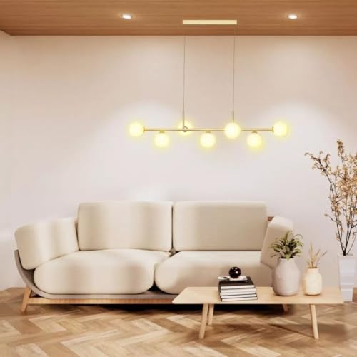 Lustre Pendente Linear 7 Globos de Vidro aluminio soquete para lampadas G9 Dourada Moderno