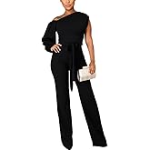 JTNFairy Women's Summer One Shoulder Dressy Stretchy Jumpsuit Casual High Waist Wrap Jumpsuit with Pockets