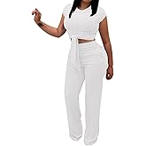 ABKY Two Piece Sets For Women Summer Sexy Tie Front Crop Top Wide Leg Pants Set Casual Tracksuit Ribbed 2 Piece Outfits