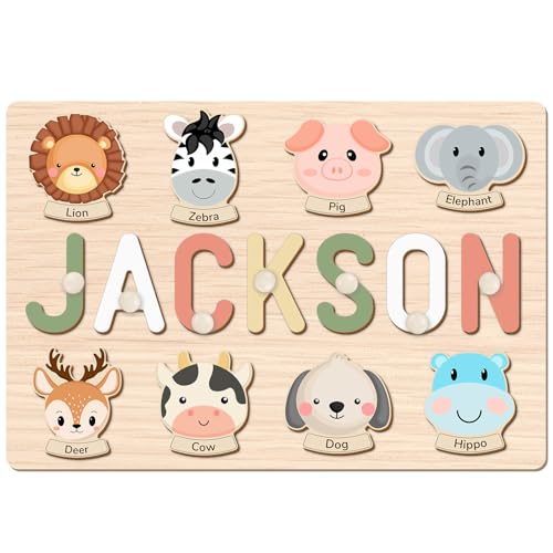 AZUFEMOS Personalized Name Puzzle for Kids, Personalized Baby Gifts Custom Name Puzzles for Toddlers 1-3 Animal Puzzle, Customized 1st Birthday for Girls & Boys Wooden Puzzle Montessor Toys for Kids