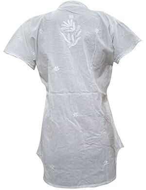 Mogul Women's Tunic Blouse Mandarin Collar White Cotton Embroidered Short Kurti Top