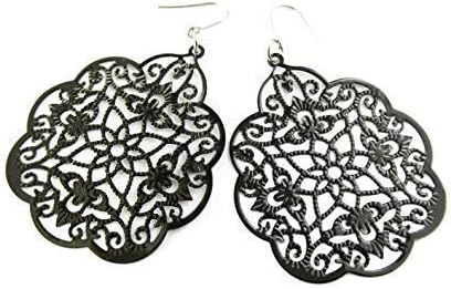 Large Lightweight Metal Filigree Earrings, Black Hand Painted Filigree, Hippie Boho Style Jewelry