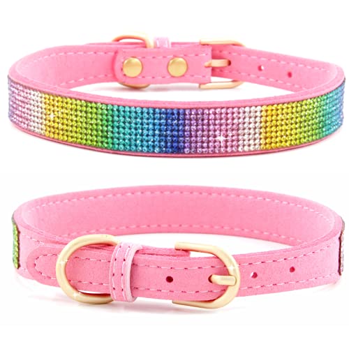 Haoyueer Rhinestone Dog Collar, Cute Dazzling Sparkling Soft Suede Leather Dog Cat Rhinestone Collar Crystal Diamond Pet Dog Puppy Collar (M, Pink-2)