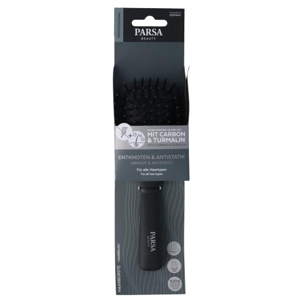 PARSA Beauty Professional Active Ingredient Carbon + Tourmaline Paddle Brush Small - Perfect Straightening Without Flying Hair - Detangling Brush with Carbonised Nylon Pins