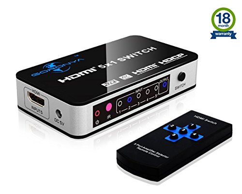 Goronya 4K x 2K 5 Port 5 x 1 HDMI Switch with IR Wireless Remote Control, HDMI Switcher Hub Port Switches