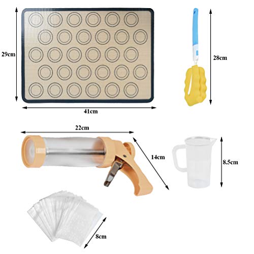 Cookie Press Gun Kit for Cookies Biscuit Churro Maker, Cookie Press with Macaroon Baking Mat Sheet, 6 Icing Tips, 16 Cookie Moulds, 200 Self-Adhesive Cookie Bags, Measuring Cup, Cleaning Brush
