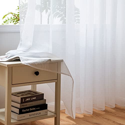 Woaboy Modern Living Room Curtains Short White Curtains for Windows 2 Pieces 140 x 145 cm Curtains Bedroom Curtains Translucent Polyester with Rings White