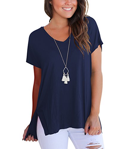 KUSMOO Women T Shirts V Neck Cotton Tee Shirts Loose Fit Plain Simple Tops (Navy, Medium)